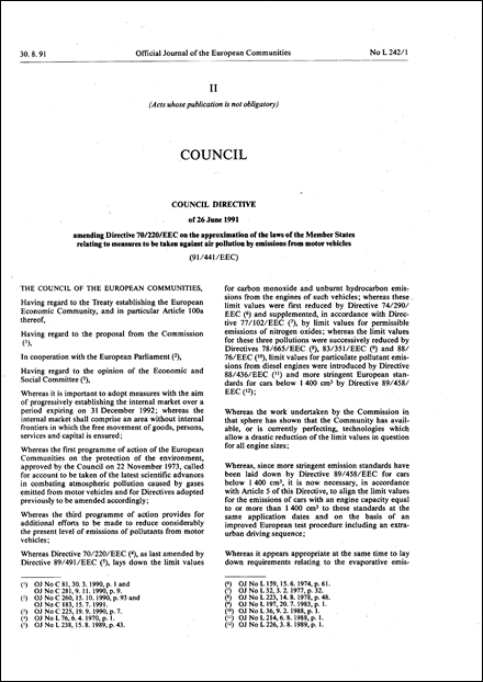 Council Directive 91/441/EEC of 26 June 1991 amending Directive 70/220/EEC on the approximation of the laws of the Member States relating to measures to be taken against air pollution by emissions from motor vehicles