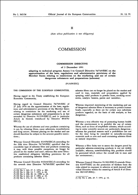 Commission Directive 91/659/EEC of 3 December 1991 adapting to technical progress Annex I to Council Directive 76/769/EEC on the approximation of the laws, regulations and administrative provisions of the Member States relating to restrictions on the marketing and use of certain dangerous substances and preparations (asbestos)