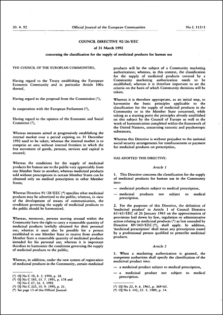 Council Directive 92/26/EEC of 31 March 1992 concerning the classification for the supply of medicinal products for human use