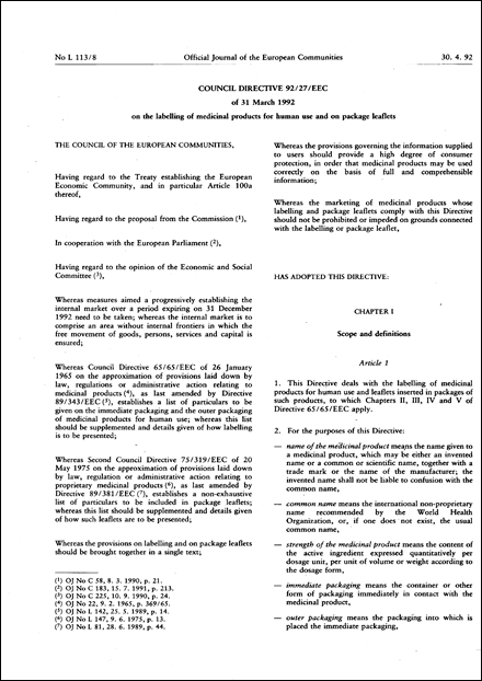 Council Directive 92/27/EEC of 31 March 1992 on the labelling of medicinal products for human use and on package leaflets