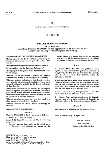 Council Directive 92/31/EEC of 28 April 1992 amending Directive 89/336/EEC on the approximation of the laws of the Member States relating to electromagnetic compatibility