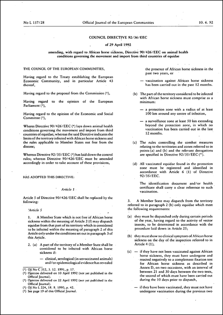 Council Directive 92/36/EEC of 29 April 1992 amending, with regard to African horse sickness, Directive 90/426/EEC on animal health conditions governing the movement and import from third countries of equidae