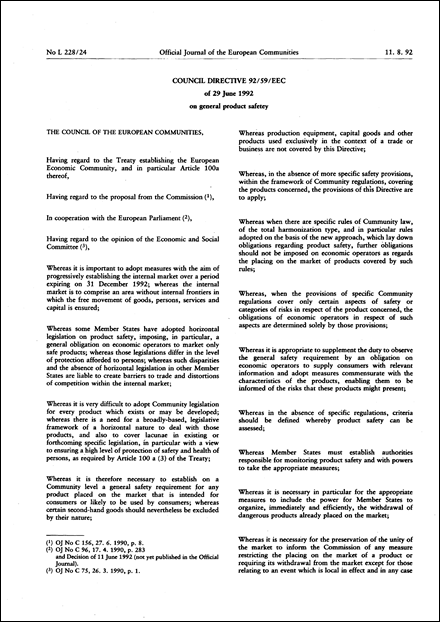 Council Directive 92/59/EEC of 29 June 1992 on general product safety