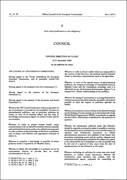 Council Directive 92/72/EEC of 21 September 1992 on air pollution by ozone