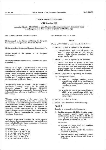 Council Directive 93/120/EC of 22 December 1993 amending Directive 90/539/EEC on animal health conditions governing intra-Community trade in and imports from third countries of poultry and hatching eggs