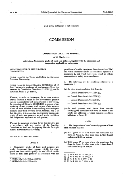 Commission Directive 93/17/EEC of 30 March 1993 determining Community grades of basic seed potatoes, together with the conditions and designations applicable to such grades