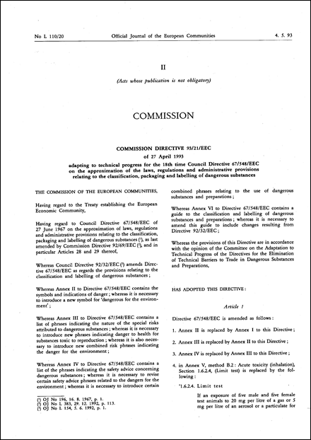 Commission Directive 93/21/EEC of 27 April 1993 adapting to technical progress for the 18th time Council Directive 67/548/EEC on the approximation of the laws, regulations and administrative provisions relating to the classification, packaging and labelling of dangerous substances