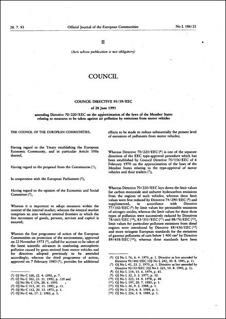 Council Directive 93/59/EEC of 28 June 1993 amending Directive 70/220/EEC on the approximation of the laws of the Member States relating to measures to be taken against air pollution by emissions from motor vehicles