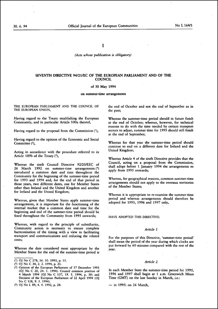 Seventh Directive 94/21/EC of the European Parliament and of the Council of 30 May 1994 on summer-time arrangements