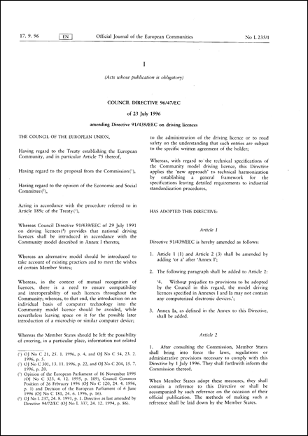 Council Directive 96/47/EC of 23 July 1996 amending Directive 91/439/EEC on driving licences