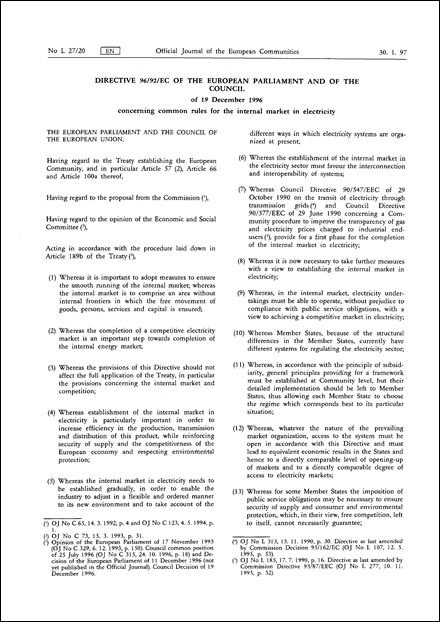 Directive 96/92/EC of the European Parliament and of the Council of 19 December 1996 concerning common rules for the internal market in electricity