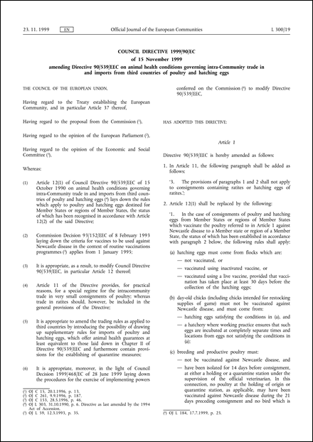 Council Directive 1999/90/EC of 15 November 1999 amending Directive 90/539/EEC on animal health conditions governing intra-Community trade in and imports from third countries of poultry and hatching eggs