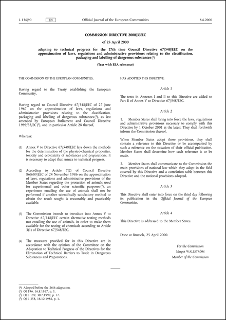 Commission Directive 2000/33/EC of 25 April 2000 adapting to technical progress for the 27th time Council Directive 67/548/EEC on the approximation of laws, regulations and administrative provisions relating to the classification, packaging and labelling of dangerous substances (Text with EEA relevance.)
