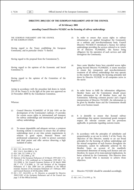 Directive 2001/13/EC of the European Parliament and of the Council of 26 February 2001 amending Council Directive 95/18/EC on the licensing of railway undertakings