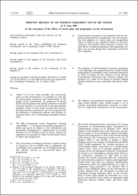 Directive 2001/42/EC of the European Parliament and of the Council of 27 June 2001 on the assessment of the effects of certain plans and programmes on the environment