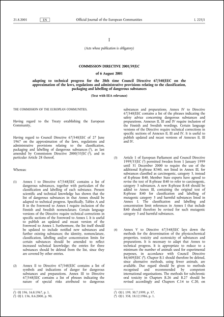 Commission Directive 2001/59/EC of 6 August 2001 adapting to technical progress for the 28th time Council Directive 67/548/EEC on the approximation of the laws, regulations and administrative provisions relating to the classification, packaging and labelling of dangerous substances (Text with EEA relevance.)
