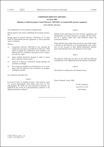 Commission Directive 2002/50/EC of 6 June 2002 adapting to technical progress Council Directive 1999/36/EC on transportable pressure equipment (Text with EEA relevance)