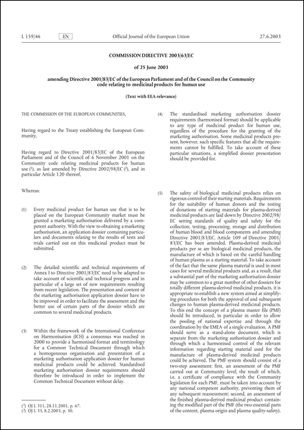 Commission Directive 2003/63/EC of 25 June 2003 amending Directive 2001/83/EC of the European Parliament and of the Council on the Community code relating to medicinal products for human use (Text with EEA relevance)