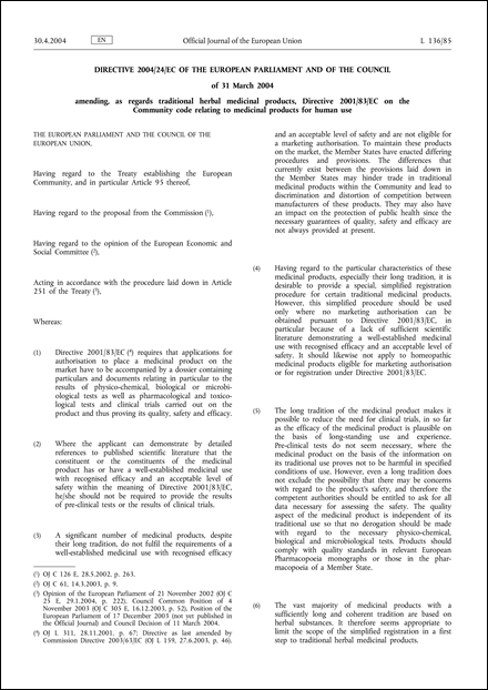 Directive 2004/24/EC of the European Parliament and of the Council of 31 March 2004 amending, as regards traditional herbal medicinal products, Directive 2001/83/EC on the Community code relating to medicinal products for human use