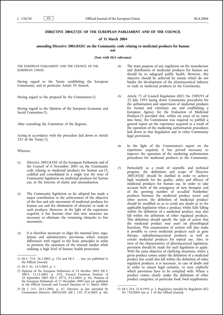 Directive 2004/27/EC of the European Parliament and of the Council of 31 March 2004 amending Directive 2001/83/EC on the Community code relating to medicinal products for human use (Text with EEA relevance)