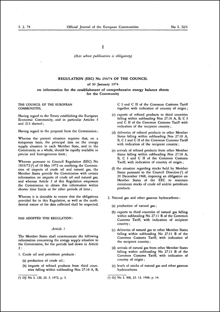 Regulation (EEC) No 293/74 of the Council of 30 January 1974 on information for the establishment of comprehensive energy balance sheets for the Community (repealed)