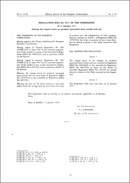 Regulation (EEC) No 93/75 of the Commission of 15 January 1975 altering the import levies on products processed from cereals and rice