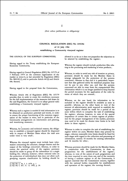 Council Regulation (EEC) No 2392/86 of 24 July 1986 establishing a Community vineyard register