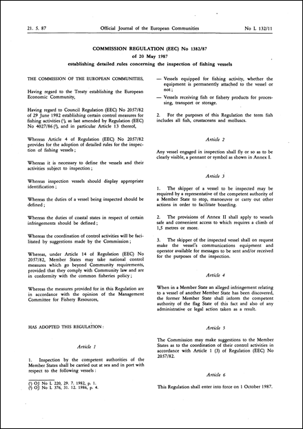 Commission Regulation (EEC) No 1382/87 of 20 May 1987 establishing detailed rules concerning the inspection of fishing vessels (repealed)