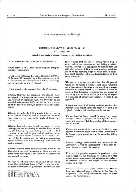 Council Regulation (EEC) No 2241/87 of 23 July 1987 establishing certain control measures for fishing activities