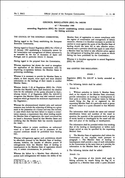 Council Regulation (EEC) No 3483/88 of 7 November 1988 amending Regulation (EEC) No 2241/87 establishing certain control measures for fishing activities