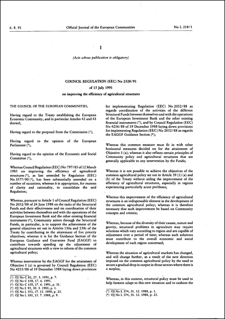 Council Regulation (EEC) No 2328/91 of 15 July 1991 on improving the efficiency of agricultural structures