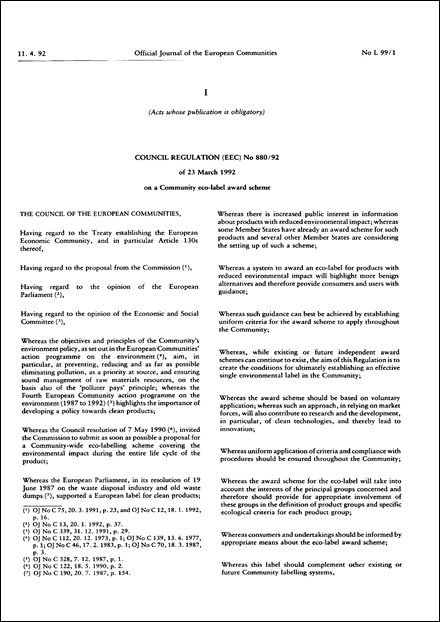 Council Regulation (EEC) No 880/92 of 23 March 1992 on a Community eco-label award scheme (repealed)