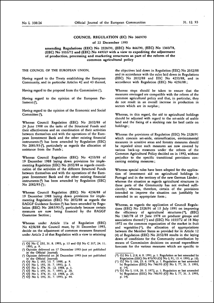 Council Regulation (EC) No 3669/93 of 22 December 1993 amending Regulations (EEC) No 2328/91, (EEC) No 866/90, (EEC) No 1360/78, (EEC) No 1035/72 and (EEC) No 449/69 with a view to expediting the adjustment of production, processing and marketing structures as part of the reform of the common agricultural policy