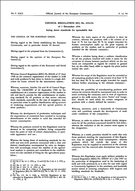 Council Regulation (EC) No 2991/94 of 5 December 1994 laying down standards for spreadable fats (repealed)