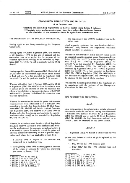 Commission Regulation (EC) No 2417/95 of 13 October 1995 updating and amending Regulations in the beef sector fixing before 1 February 1995 certain prices and amounts whose values in ecus have been adjusted because of the abolition of the corrective factor in agricultural conversion rates