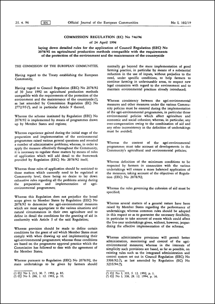 Commission Regulation (EC) No 746/96 of 24 April 1996 laying down detailed rules for the application of Council Regulation (EEC) No 2078/92 on agricultural production methods compatible with the requirements of the protection of the environment and the maintenance of the countryside