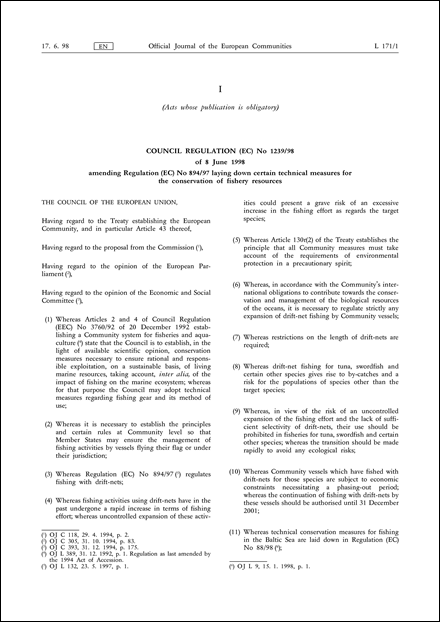 Council Regulation (EC) No 1239/98 of 8 June 1998 amending Regulation (EC) No 894/97 laying down certain technical measures for the conservation of fishery resources