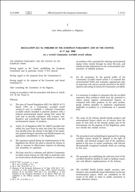 Regulation (EC) No 1980/2000 of the European Parliament and of the Council of 17 July 2000 on a revised Community eco-label award scheme