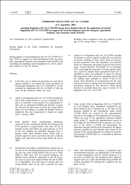 Commission Regulation (EC) No 1763/2001 of 6 September 2001 amending Regulation (EC) No 1750/1999 laying down detailed rules for the application of Council Regulation (EC) No 1257/1999 on support for rural development from the European Agricultural Guidance and Guarantee Fund (EAGGF)