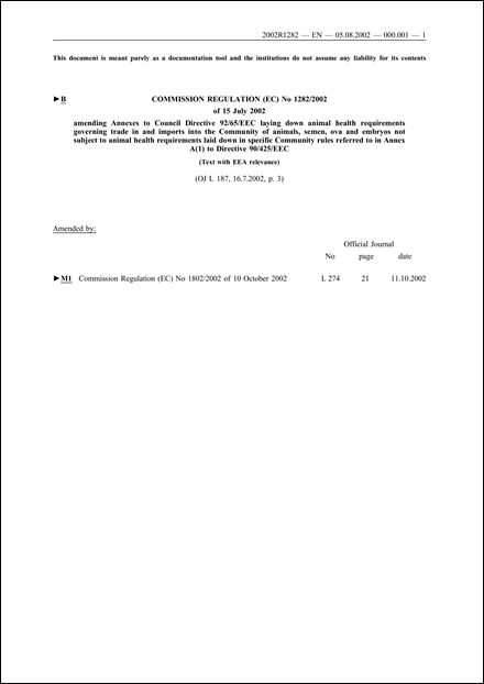 Commission Regulation (EC) No 1282/2002 of 15 July 2002 amending Annexes to Council Directive 92/65/EEC laying down animal health requirements governing trade in and imports into the Community of animals, semen, ova and embryos not subject to animal health requirements laid down in specific Community rules referred to in Annex A(1) to Directive 90/425/EEC (Text with EEA relevance)