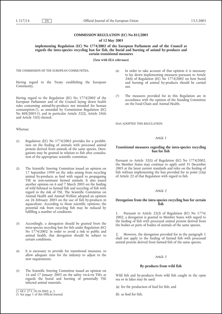 Commission Regulation (EC) No 811/2003 of 12 May 2003 implementing Regulation (EC) No 1774/2002 of the European Parliament and of the Council as regards the intra-species recycling ban for fish, the burial and burning of animal by-products and certain transitional measures (Text with EEA relevance) (repealed)