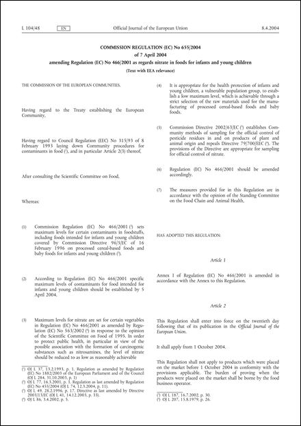 Commission Regulation (EC) No 655/2004 of 7 April 2004 amending Regulation (EC) No 466/2001 as regards nitrate in foods for infants and young children (Text with EEA relevance)