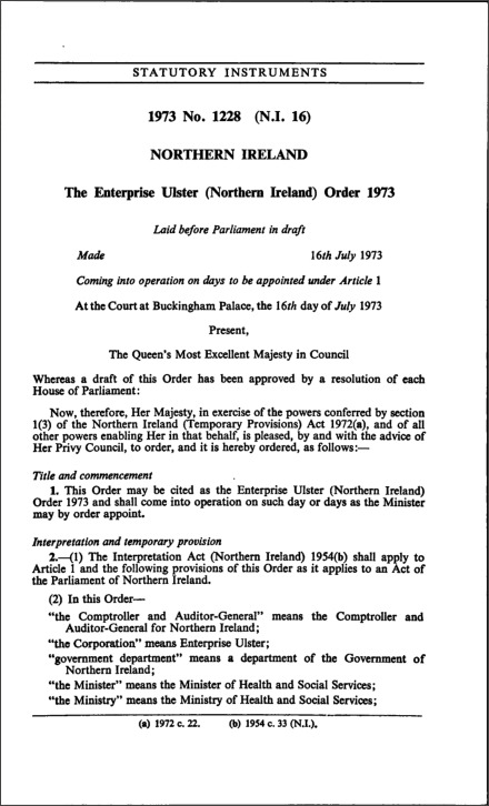 The Enterprise Ulster (Northern Ireland) Order 1973
