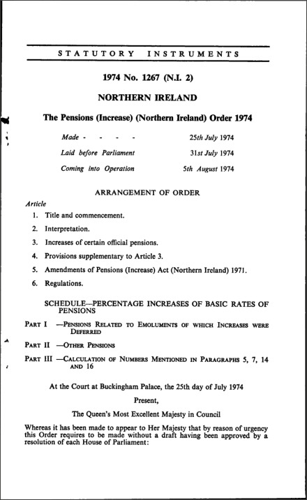 The Pensions (Increase) (Northern Ireland) Order 1974