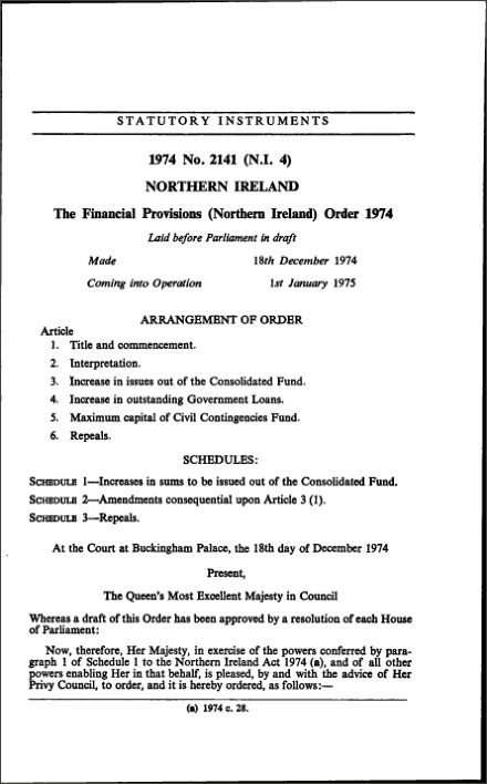 The Financial Provisions (Northern Ireland) Order 1974