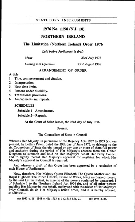 The Limitation (Northern Ireland) Order 1976