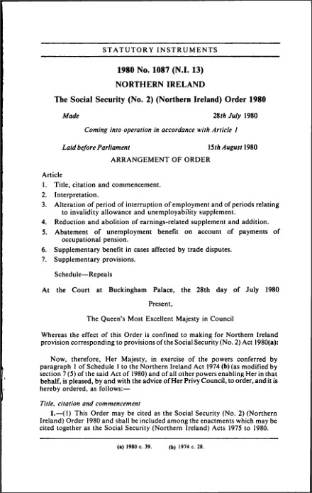The Social Security (No. 2) (Northern Ireland) Order 1980