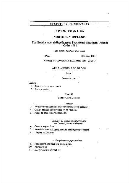 The Employment (Miscellaneous Provisions) (Northern Ireland) Order 1981