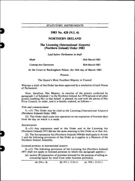 The Licensing (International Airports) (Northern Ireland) Order 1983