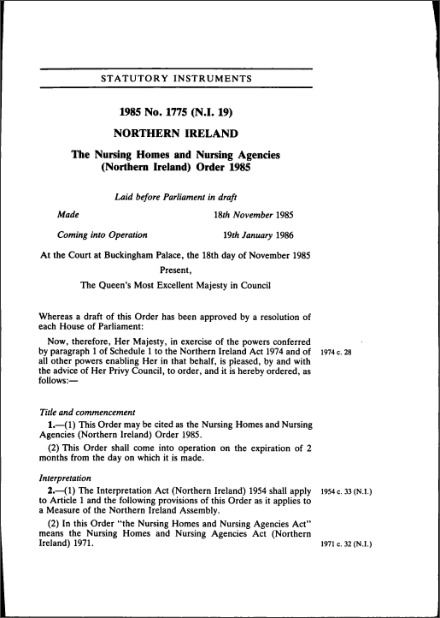 The Nursing Homes and Nursing Agencies (Northern Ireland) Order 1985